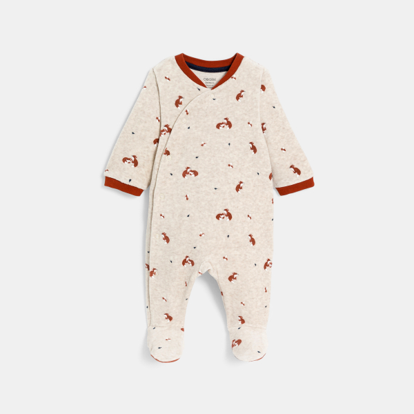 بدلة نوم مخملية للفتيان الرُضع، باللون البيج ومطبوع عليها رسمة ثعلب